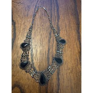 Vntg Choker Necklace Black Teardrop Stones Ornate Silver Filigree Victorian Goth